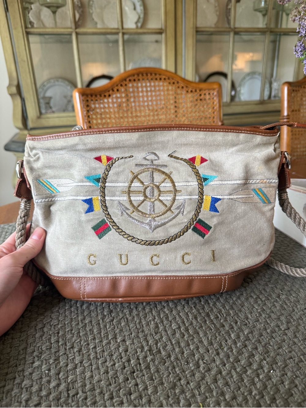 Vintage Gucci 1980’s Nautical Canvas Shoulder Bag in Beige & Brown